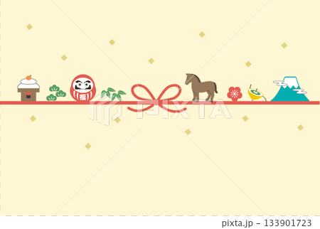 年賀状2026 ウマと縁起物のイラスト　年賀状テンプレート 133901723