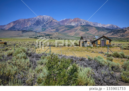 Abandoned House in Sagebrush Field with Mountain Backdrop and Blue Sky California Abandoned House in Sagebrush Field with Mountain Backdrop and Blue Sky California 133901733