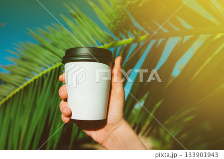 Hand holding blank coffee cup under palm. Demonstrating art of happy life Hand holding blank coffee cup under palm. Demonstrating art of happy life 133901943