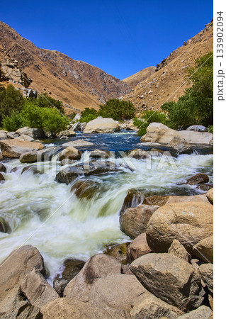 Kern River Rapids with Rocky Waterfall and Green Trees in Sunlit Mountain Landscape Kern River Rapids with Rocky Waterfall and Green Trees in Sunlit Mountain Landscape 133902094