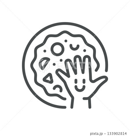 Kids Pizza Icon. Thin Line Illustration of Happy Child Hand with Smile on Pizza, Representing Playful Family Meal, Child Friendly Food and Fun Dinner for Kids. 133902814