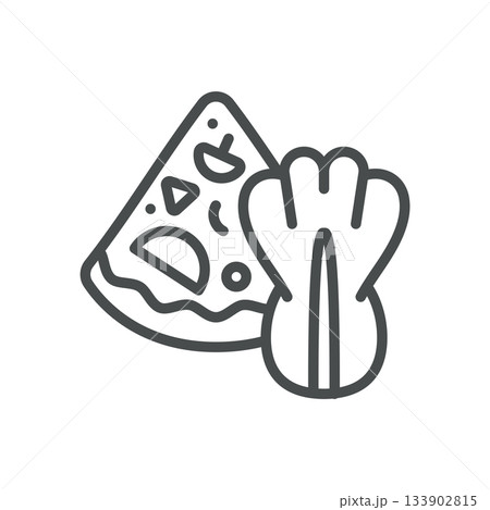 Kimchi Pizza Icon. Simple Line Illustration of Fusion Pizza Slice with Kimchi Cabbage Topping, Symbolizing Asian Fusion Cuisine, Fermented Food Creativity and Spicy Flavor. 133902815