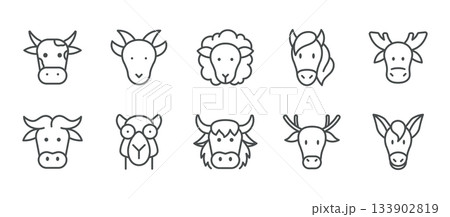 Milk Animals Icon Set. Thin Line Vector Collection of Dairy Cow, Goat, Sheep, Horse, Yak, Moose, Buffalo, Deer, Donkey, Camel Livestock Heads for Farm Nutrition and Agriculture. Isolated Line Vector. Milk Animals Icon Set. Thin Line Vector Collection of Dairy Cow, Goat, Sheep, Horse, Yak, Moose, Buffalo, Deer, Donkey, Camel Livestock Heads for Farm Nutrition and Agriculture. Isolated Line Vector. 133902819
