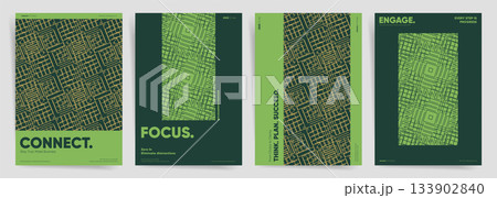 Green tech maze line poster set. Abstract circuit grid pattern backgrounds for modern IT business connection cover, flyer, brochure and banner design. 133902840
