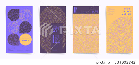 Purple Yellow Wave Poster Template Set. Modern Japanese Geometric Cover Design. Japanese inspired geometric pattern backgrounds for creative cover, social media and branding design. 133902842