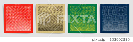 Japanese Lunar New Year Wave and Maze Square Set. Red, gold and green festival patterns for seasonal gift wraps. Traditional Asian Geometric Patterns in Red, Gold, Green, Blue for New Year, Packaging. 133902850