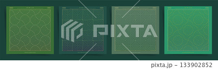 Matcha Green Geometric Line Poster Set. Japanese Maze and Wave Pattern Collection for Tea Branding, Minimal Design, and Packaging Use. Japanese matcha tea patterns for calm organic branding projects. 133902852