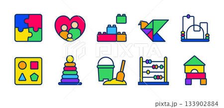 Early Childhood Education Icons Set. Puzzles, Family Heart, Building Blocks, Tangram, Bead Maze, Shape Sorter, Stacking Rings, Sand Bucket, Abacus, House Blocks. Colorful Vector Pack. 133902884