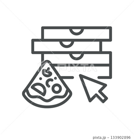 Online Pizza Order Icon. Thin Line Illustration of Stacked Pizza Boxes with Mouse Cursor and Slice, Representing Food Delivery, Digital Ordering and E-commerce Convenience. Online Pizza Order Icon. Thin Line Illustration of Stacked Pizza Boxes with Mouse Cursor and Slice, Representing Food Delivery, Digital Ordering and E-commerce Convenience. 133902896