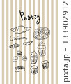 A whimsical striped poster for a bakery, kitchen or coffee shop. Pastries, croissants, sweet cakes. 133902912