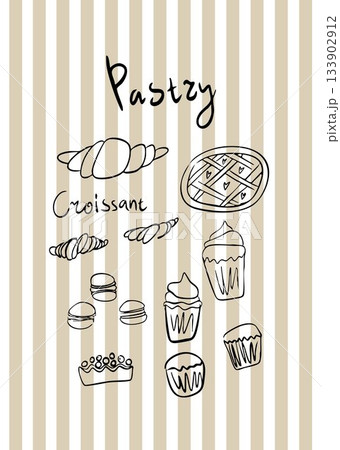 A whimsical striped poster for a bakery, kitchen or coffee shop. Pastries, croissants, sweet cakes. 133902912
