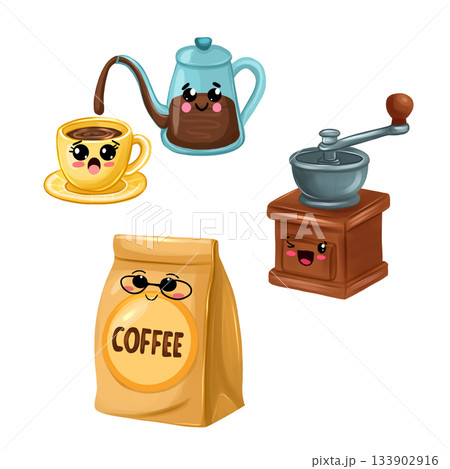 Illustration of a coffee story. Characters: coffee grinder, a packet of coffee, a teapot and a cup. Stickers for a coffee shop. 133902916