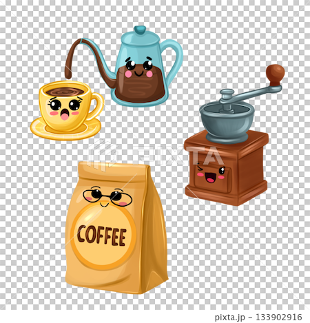 Illustration of a coffee story. Characters: coffee grinder, a packet of coffee, a teapot and a cup. Stickers for a coffee shop. 133902916
