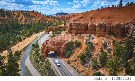 Aerial Red Canyon Tunnels Scenic Highway and Pine Trees Utah Aerial Red Canyon Tunnels Scenic Highway and Pine Trees Utah 133903182
