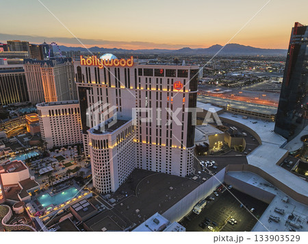 Aerial Las Vegas Strip Hotel Casino Pool and Cityscape Golden Hour 133903529