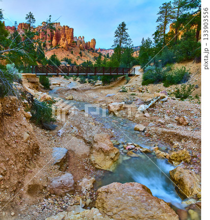 Bryce Canyon Hoodoos Mossy Cave Trail Stream and Bridge at Sunset 133903556