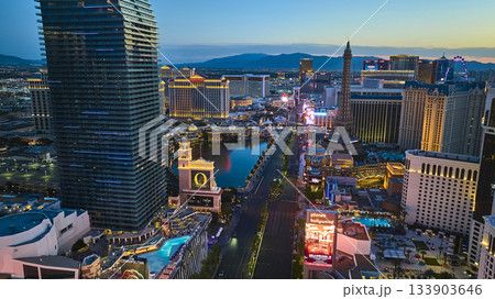 Aerial Las Vegas Strip Downtown Skyline and Casinos at Golden Hour 133903646