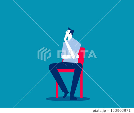 Thinking. Man sitting on chair looks pensive and reflective Thinking. Man sitting on chair looks pensive and reflective 133903971