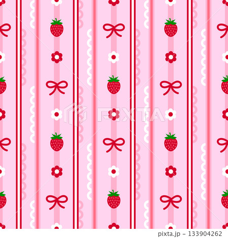 Pink striped seamless pattern with cute strawberries, bows, ribbons and small daisy flowers. Vector illustration for backgrounds, textiles, wrapping paper whimsical decorative design Pink striped seamless pattern with cute strawberries, bows, ribbons and small daisy flowers. Vector illustration for backgrounds, textiles, wrapping paper whimsical decorative design 133904262