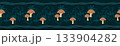 Mushroom seamless border pattern design with ribbons and botanical elements for cozy forest themed. Vector illustration a dark teal blue, brown color textured background 133904282