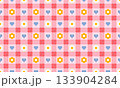 Pink gingham background with small white daisy flower and tiny hearts seamless pattern design. Vector illustration sweet, retro picnic style 133904284