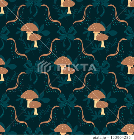 Seamless pattern of mushrooms, ribbons and coquette bows a dark teal blue, brown color textured background. Vector illustration wallpaper design with botanical elements for cozy forest themed 133904286