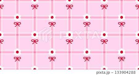 Pink plaid, gingham seamless pattern with white daisy flowers and red bows for decorative fabric or textile design Pink plaid, gingham seamless pattern with white daisy flowers and red bows for decorative fabric or textile design 133904288