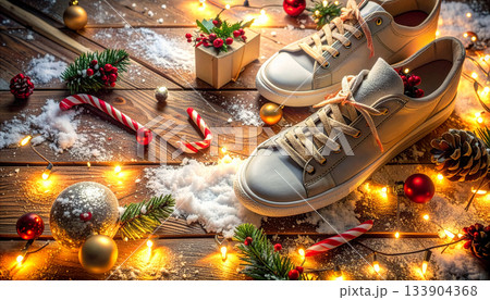 クリスマスの赤い靴とキラキラの飾り クリスマスの赤い靴とキラキラの飾り 133904368