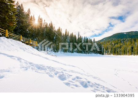 snow covered frozen lake in nature park at sunset. tranquil winter landscape surrounded with coniferous forest on shore in mountains in evening light. storytelling cinematic image under the rainbow 133904395