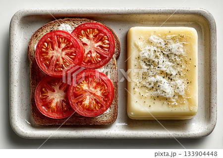 Breakfast tray. Spanish desayuno. Churros, pan con tomate and manchego cheese in plate. Menu design. Top view. 133904448