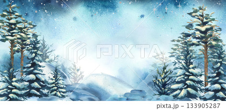 Watercolor painting of winter forest with snow covered fir and pine tree. Winter landscape background for Christmas and New Year holiday design concept. Hand drawn illustration text frame template 133905287
