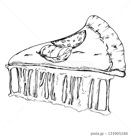 Vector clip art of a pizza slice with melted cheese stretching downward, topped with a slice of salami and fresh basil. Good for menu graphics, Italian food themes, recipe layouts, culinary packaging 133905288