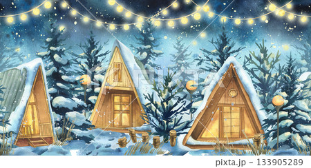 Cozy wooden A-frame cabins in a snowy winter forest at night. Christmas holiday landscape with glowing string lights and warm window light. Seamless border pattern hand drawn illustration 133905289