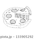 Vector illustration of a whole pizza topped with salami slices, where one piece is lifted to show long melted cheese strands. Good for menu icons, culinary branding and Italian cuisine themes. 133905292