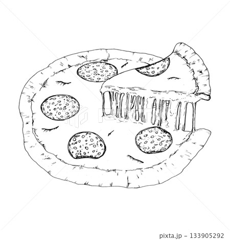 Vector illustration of a whole pizza topped with salami slices, where one piece is lifted to show long melted cheese strands. Good for menu icons, culinary branding and Italian cuisine themes. 133905292