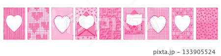 Pink love frame heart set, Valentine day border, hand drawn watercolor romantic postcard design.  133905524