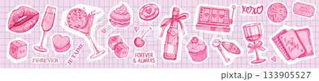 Love sticker set, Valentine day scrapbook collage design elements, wedding bachelorette party print. Love sticker set, Valentine day scrapbook collage design elements, wedding bachelorette party print. 133905527
