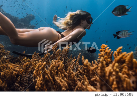Woman freediving underwater near coral reef in tropical sea Woman freediving underwater near coral reef in tropical sea 133905599