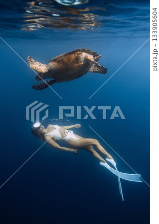 Freediving with sea turtle. Woman with fins dives underwater with turtle in ocean. Freediving with sea turtle. Woman with fins dives underwater with turtle in ocean. 133905604