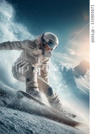 Snowboarder riding fresh powder on a sunny mountain day. Snowboarder carving down a snowy slope, creating a cloud of fresh powder in bright sun 133905671