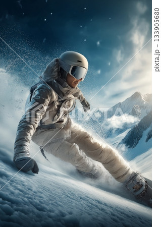 Snowboarder riding fresh powder on a sunny mountain day. Snowboarder carving down a snowy slope, creating a cloud of fresh powder in bright sun 133905680