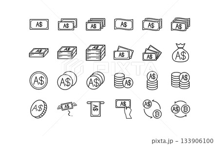 オーストラリアドル通貨のお金の黒の線画アイコンセット 133906100