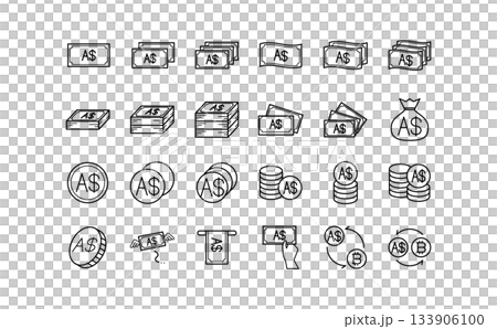 オーストラリアドル通貨のお金の黒の線画アイコンセット 133906100