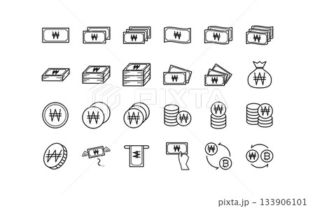 ウォン通貨のお金の黒の線画アイコンセット 133906101