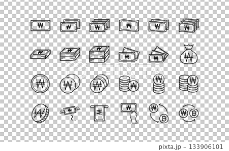 ウォン通貨のお金の黒の線画アイコンセット 133906101