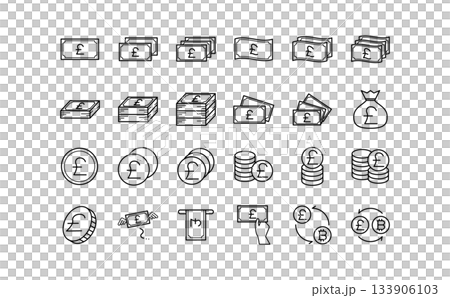 ポンド通貨のお金の黒の線画アイコンセット 133906103