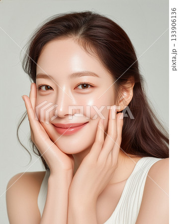 美肌で綺麗な女性が頬に手を当てる縦型の美容ポートレート 133906136
