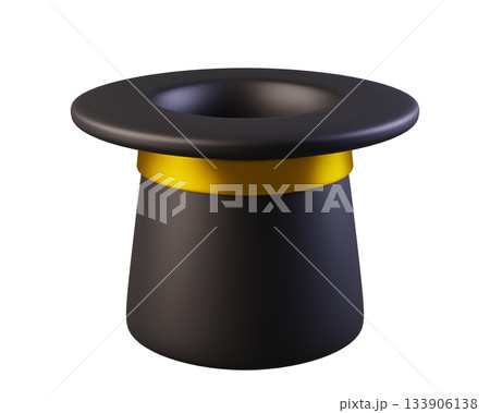 Black Magician Hat with Golden Ribbon. Wizards Cylinder Hat for magicians and artists. 3D Icon clothing accessories isolated on a transparent background 133906138