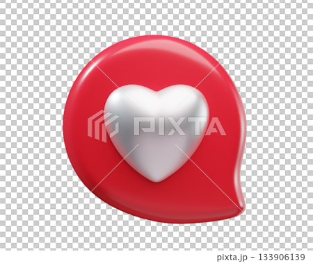 3D Glossy Red Speech Bubble with White Heart Icon on an isolated background. Valentines day and romantic symbol. Love concept. 3d rendering 133906139