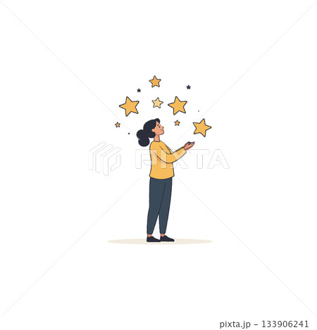Illustration of a woman reaching for radiant stars representing aspirations, ambition, and 133906241